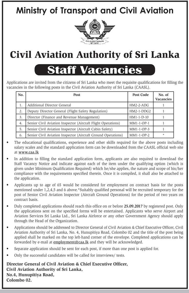 Additional Director General, Deputy Director General, Director, Senior Civil Aviation Inspector (Aircraft Flight Operations, Aircraft Cabin Safety, Aircraft Ground Operations) - Civil Aviation Authority